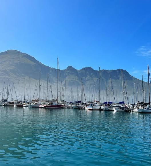 Sailboats in a South African harbor with mountains behind